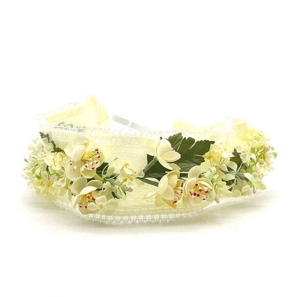 Vintage 1950s Auerbach’s Floral Headband Hat Ivory Lemon Yellow Flowers NEW NOS - Picture 3 of 13